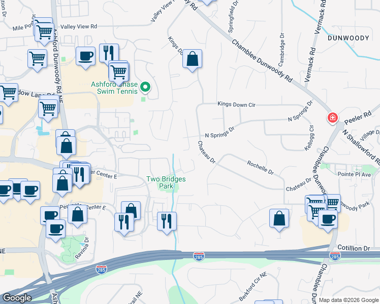 map of restaurants, bars, coffee shops, grocery stores, and more near 4505 Village Springs Place in Dunwoody