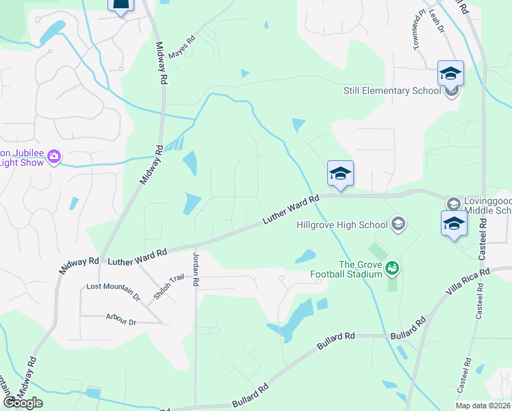 map of restaurants, bars, coffee shops, grocery stores, and more near 4205 Honey Creek Way in Powder Springs