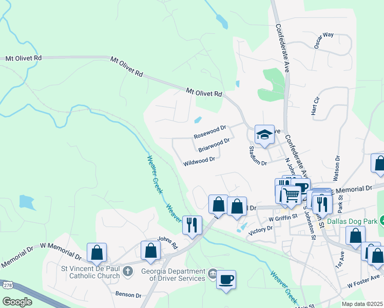 map of restaurants, bars, coffee shops, grocery stores, and more near 219 Briarwood Drive in Dallas