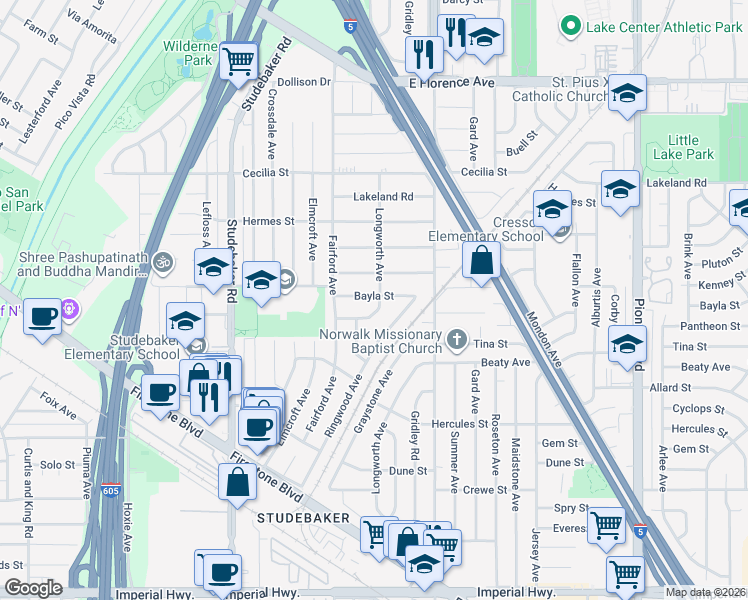 map of restaurants, bars, coffee shops, grocery stores, and more near 11237 Pantheon Street in Norwalk
