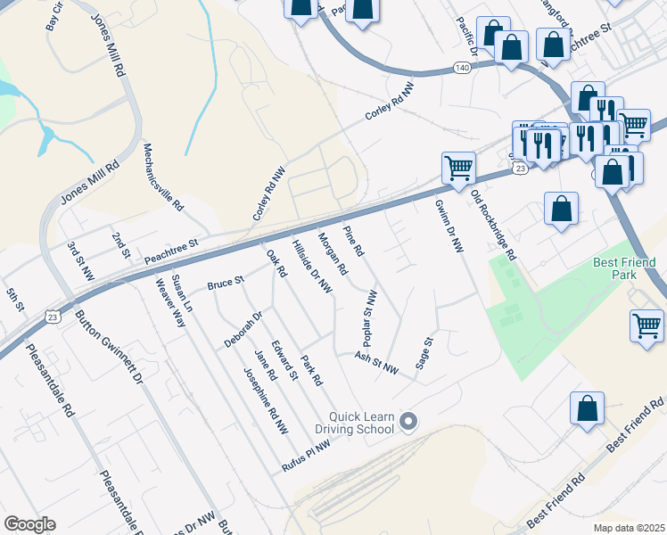 map of restaurants, bars, coffee shops, grocery stores, and more near 5942 Morgan Road in Atlanta