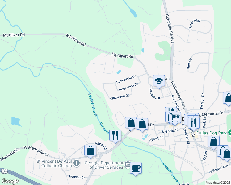 map of restaurants, bars, coffee shops, grocery stores, and more near 219 Briarwood Drive in Dallas