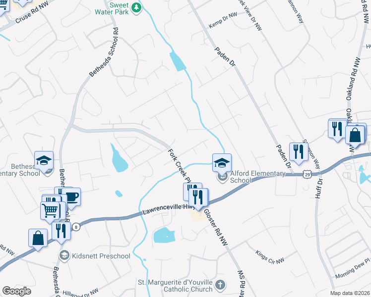 map of restaurants, bars, coffee shops, grocery stores, and more near 2665 Windstream Way Northwest in Lawrenceville