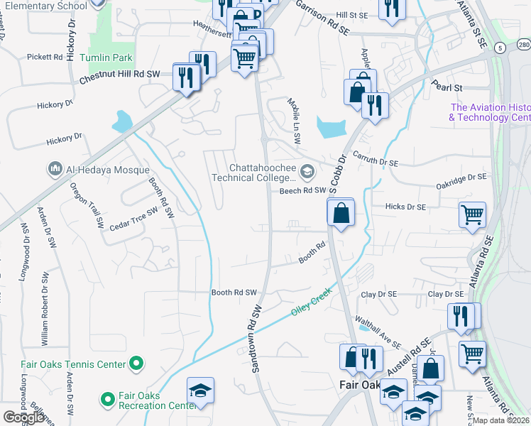 map of restaurants, bars, coffee shops, grocery stores, and more near 1040 Sandtown Road Southwest in Marietta