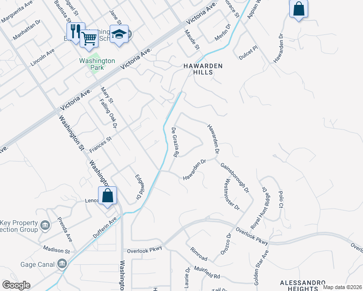 map of restaurants, bars, coffee shops, grocery stores, and more near 6770 De Grazia Road in Riverside