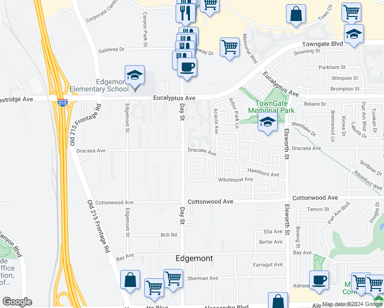 map of restaurants, bars, coffee shops, grocery stores, and more near 22024 Witchhazel Avenue in Moreno Valley