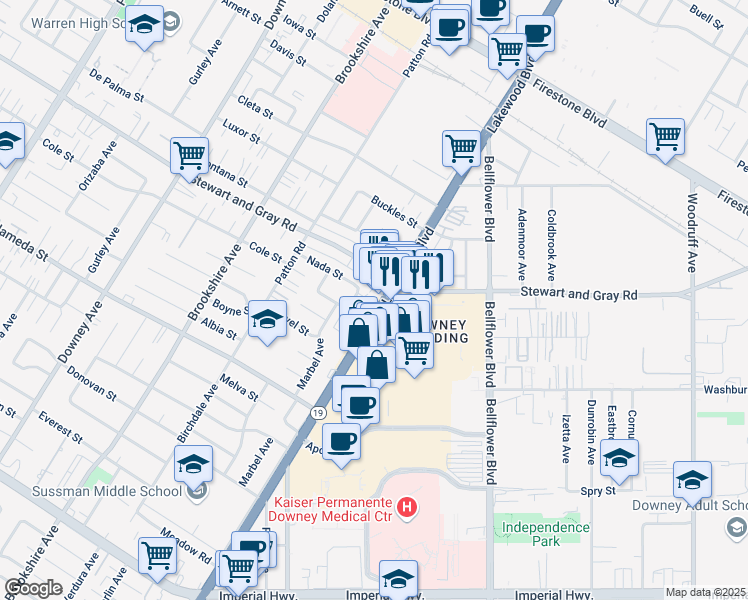 map of restaurants, bars, coffee shops, grocery stores, and more near 11945 Lakewood Boulevard in Downey