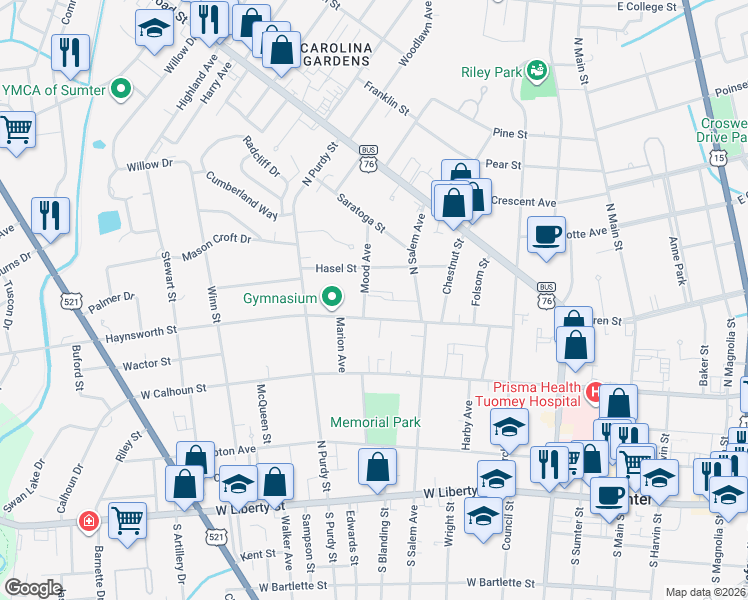 map of restaurants, bars, coffee shops, grocery stores, and more near 7 Mood Avenue in Sumter