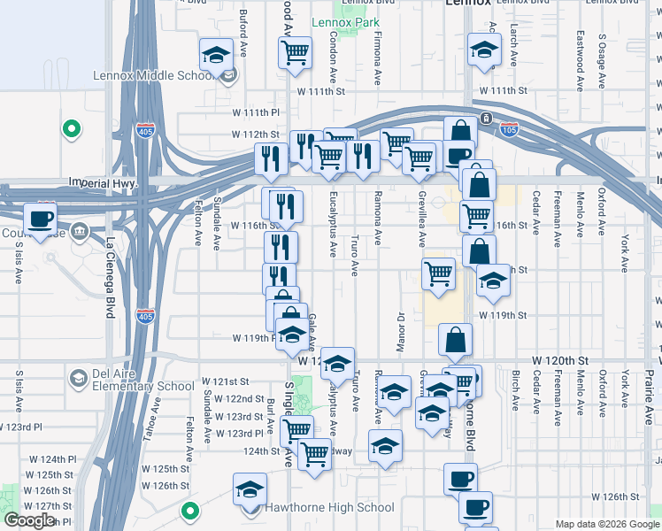 map of restaurants, bars, coffee shops, grocery stores, and more near 4703 West 118th Street in Hawthorne