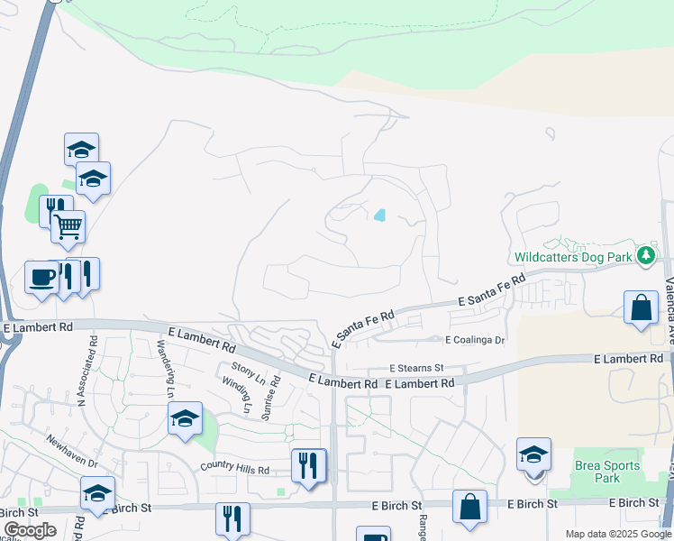 map of restaurants, bars, coffee shops, grocery stores, and more near 2598 East Temblor Ranch Drive in Brea