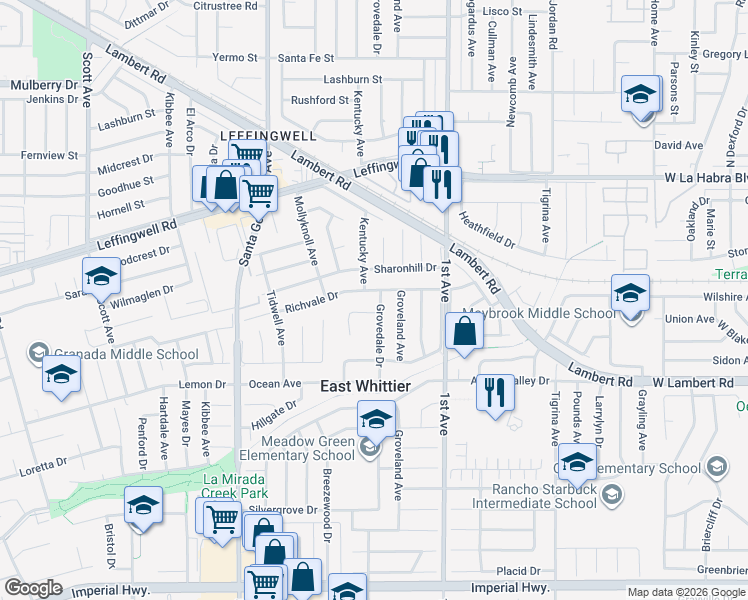 map of restaurants, bars, coffee shops, grocery stores, and more near 11509 Grovedale Drive in Whittier