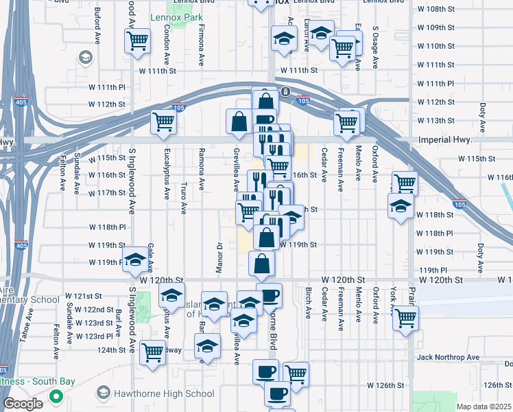 map of restaurants, bars, coffee shops, grocery stores, and more near 4431 West 118th Street in Hawthorne