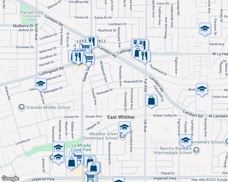 map of restaurants, bars, coffee shops, grocery stores, and more near 16018 Richvale Drive in Whittier