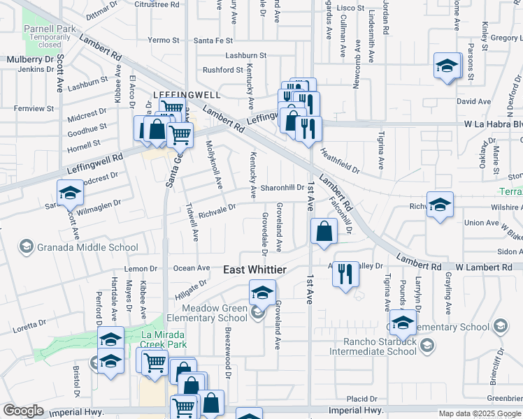 map of restaurants, bars, coffee shops, grocery stores, and more near 16033 Willows Court in Whittier