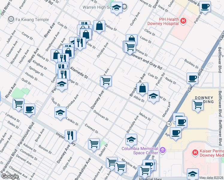 map of restaurants, bars, coffee shops, grocery stores, and more near 12221 Glynn Avenue in Downey