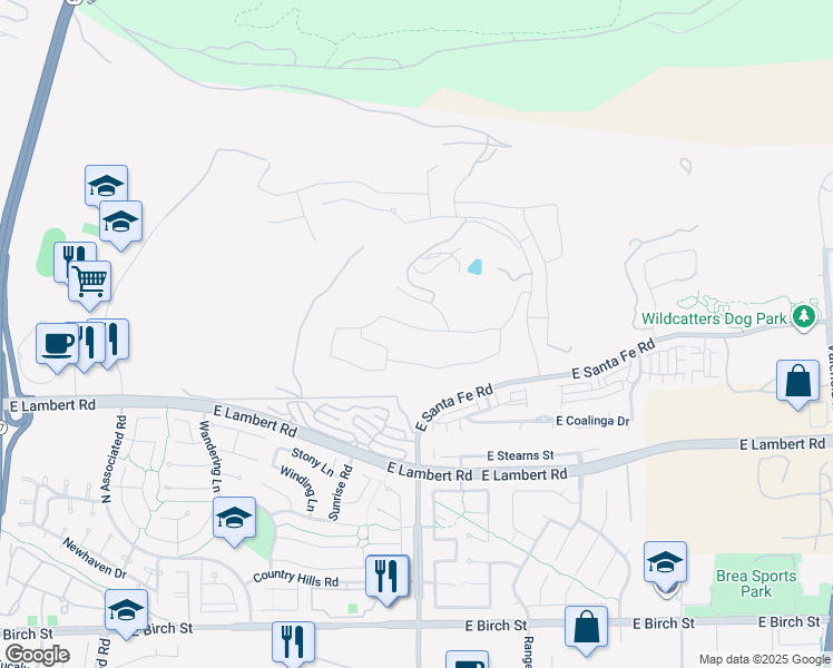 map of restaurants, bars, coffee shops, grocery stores, and more near 2584 East Temblor Ranch Drive in Brea