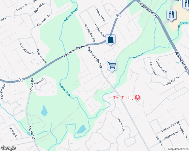 map of restaurants, bars, coffee shops, grocery stores, and more near 1869 Patterson Court in Lawrenceville