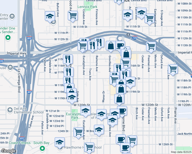 map of restaurants, bars, coffee shops, grocery stores, and more near 4603 West 118th Street in Hawthorne