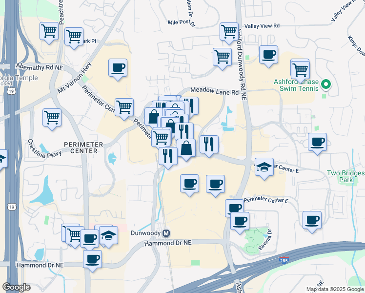 map of restaurants, bars, coffee shops, grocery stores, and more near 120 Perimeter Center W in Atlanta