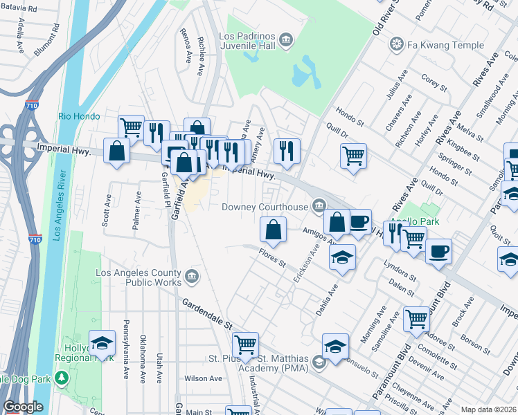 map of restaurants, bars, coffee shops, grocery stores, and more near 11040 Lillian Lane in South Gate