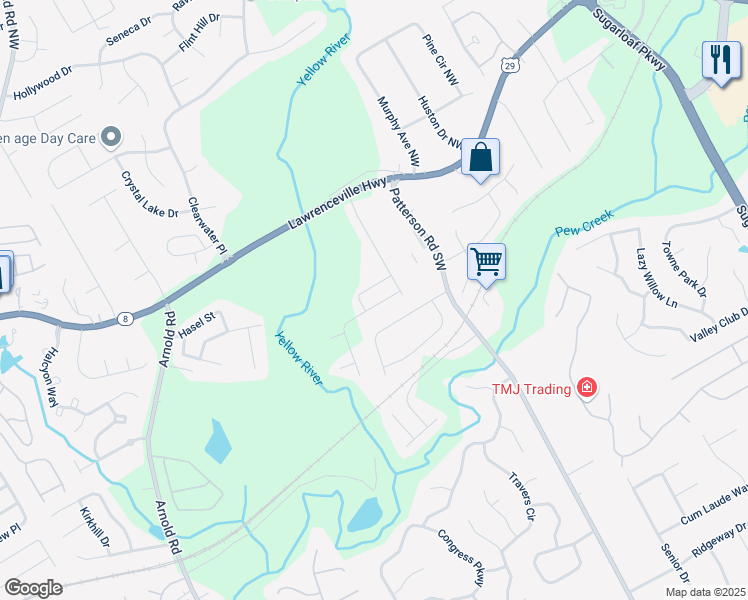 map of restaurants, bars, coffee shops, grocery stores, and more near 290 Holdings Drive in Lawrenceville