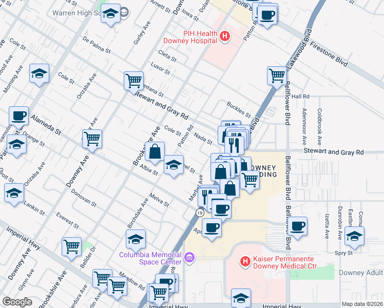 map of restaurants, bars, coffee shops, grocery stores, and more near 8707 Byers Street in Downey