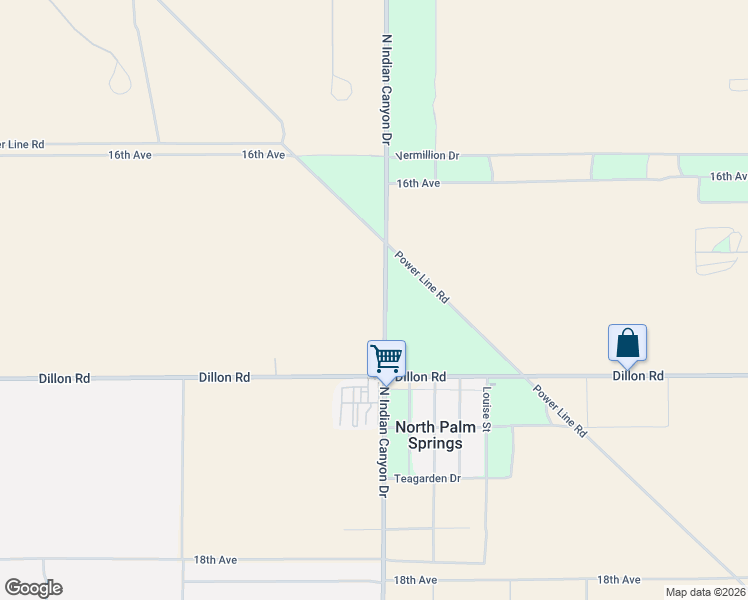 map of restaurants, bars, coffee shops, grocery stores, and more near 16605 North Indian Canyon Drive in North Palm Springs