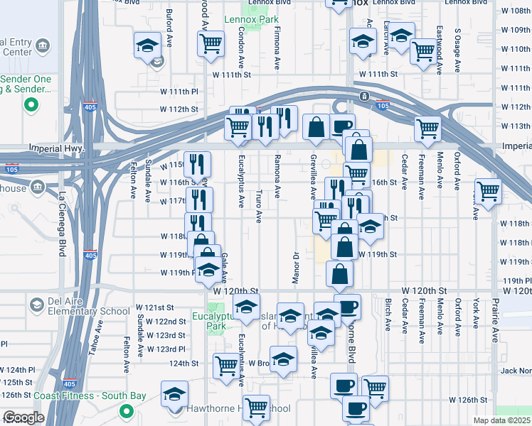 map of restaurants, bars, coffee shops, grocery stores, and more near 4629 West 118th Street in Hawthorne