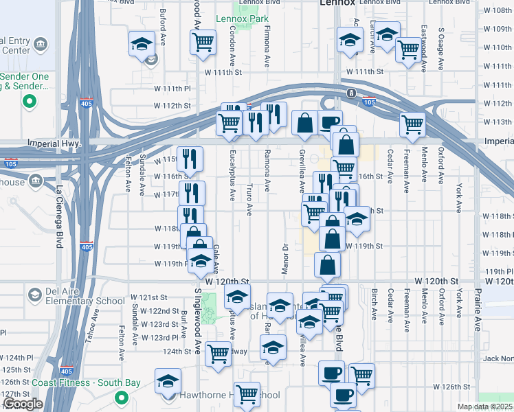 map of restaurants, bars, coffee shops, grocery stores, and more near 4629 West 118th Street in Hawthorne