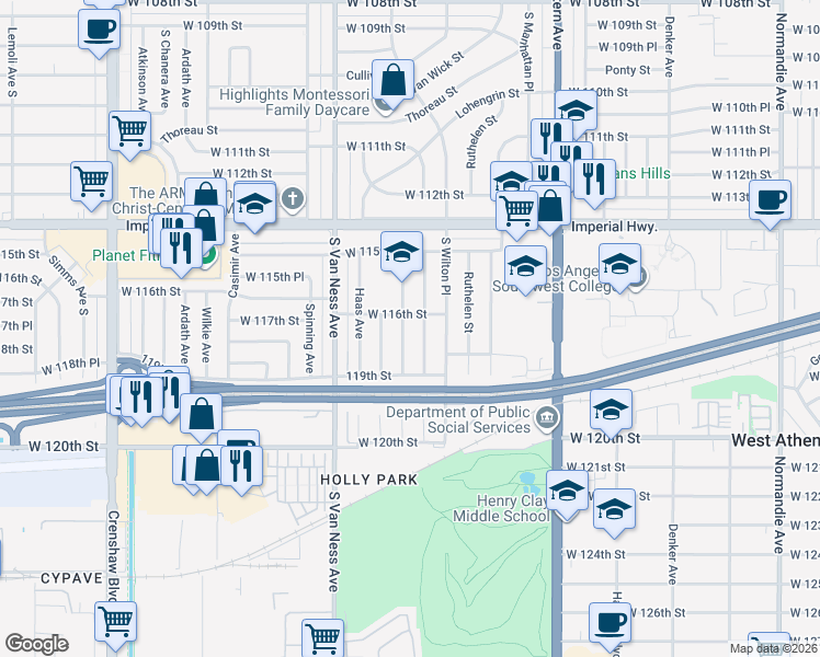 map of restaurants, bars, coffee shops, grocery stores, and more near 11612 Cimarron Avenue in Hawthorne