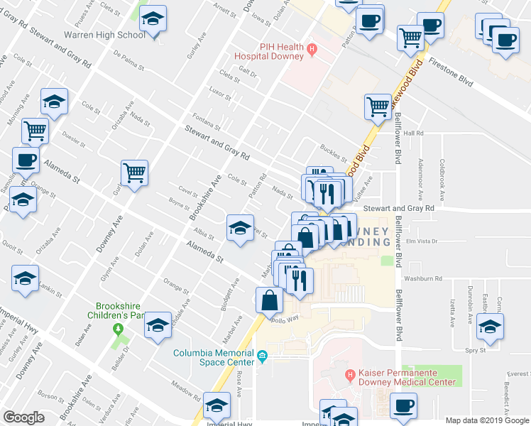 map of restaurants, bars, coffee shops, grocery stores, and more near 8707 Byers Street in Downey