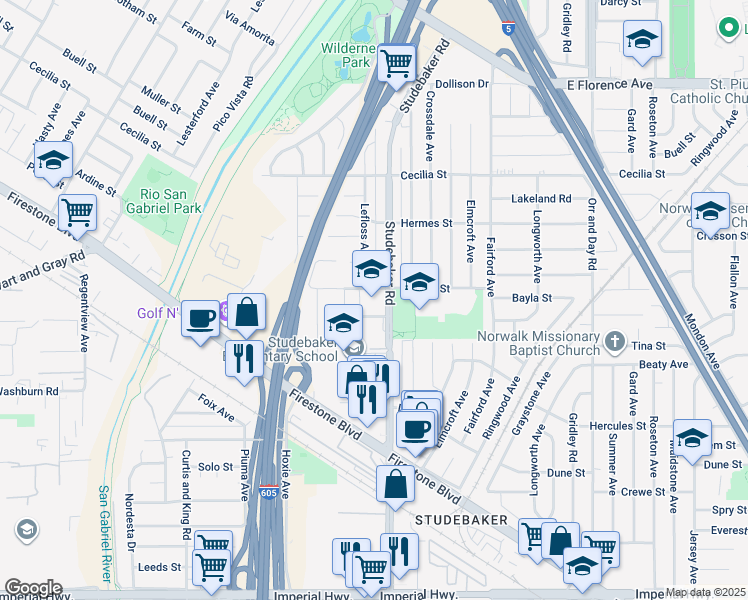 map of restaurants, bars, coffee shops, grocery stores, and more near 11609 Studebaker Road in Norwalk