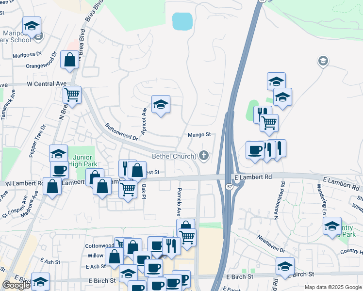 map of restaurants, bars, coffee shops, grocery stores, and more near 781 Candlewood Street in Brea