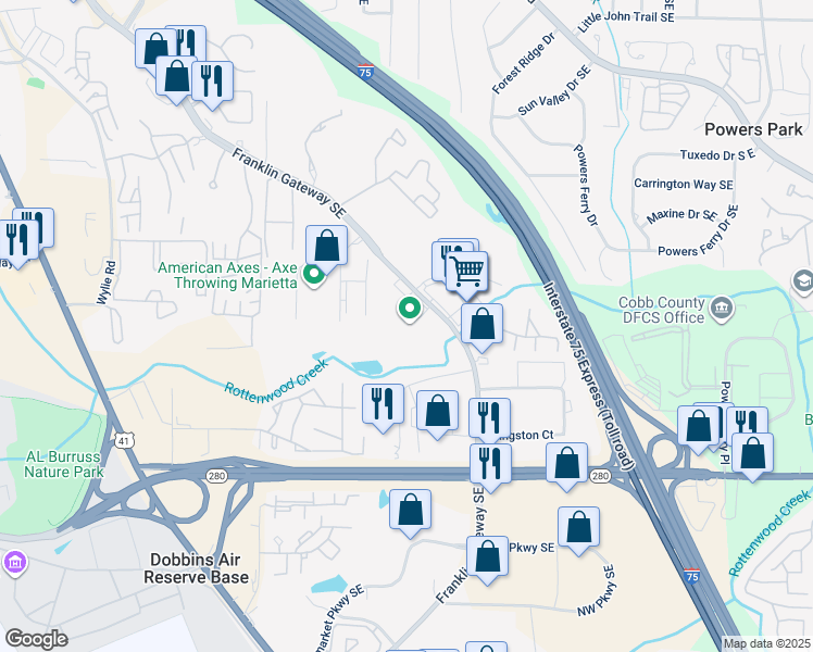 map of restaurants, bars, coffee shops, grocery stores, and more near 1034 Franklin Gateway Southeast in Marietta