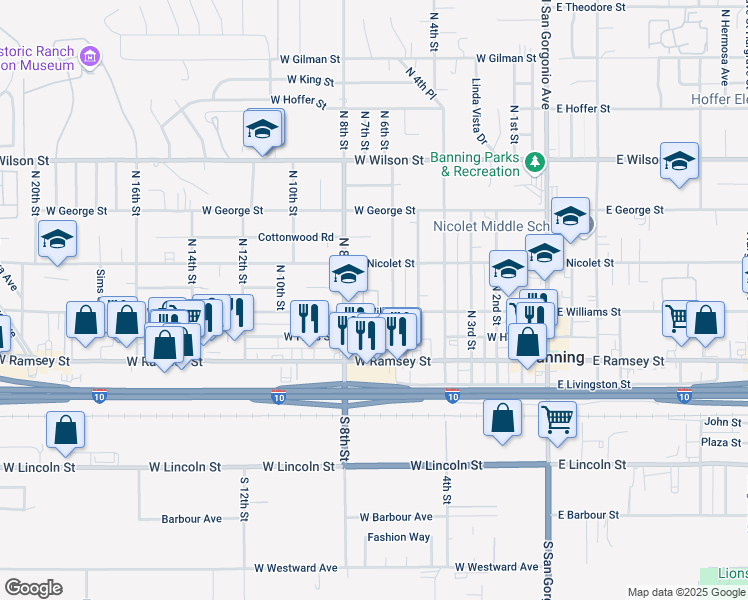 map of restaurants, bars, coffee shops, grocery stores, and more near 181 North 7th Street in Banning