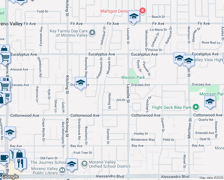 map of restaurants, bars, coffee shops, grocery stores, and more near 13324 Nutmeg Street in Moreno Valley