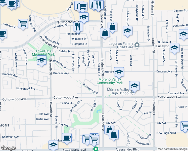 map of restaurants, bars, coffee shops, grocery stores, and more near 13306 Appleby Court in Moreno Valley
