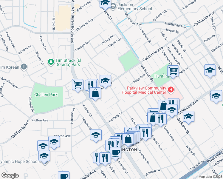 map of restaurants, bars, coffee shops, grocery stores, and more near 4150 Macarthur Road in Riverside