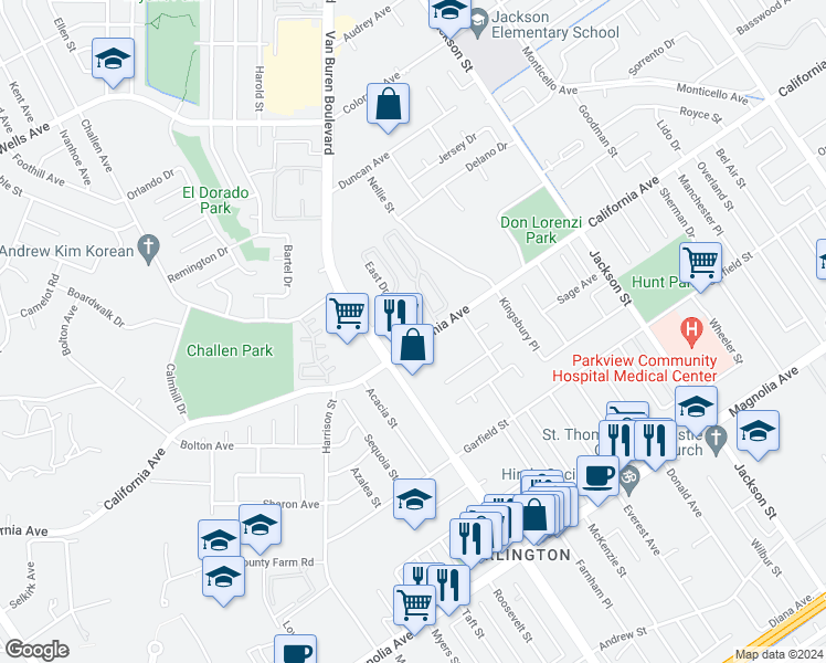 map of restaurants, bars, coffee shops, grocery stores, and more near 9404 California Avenue in Riverside