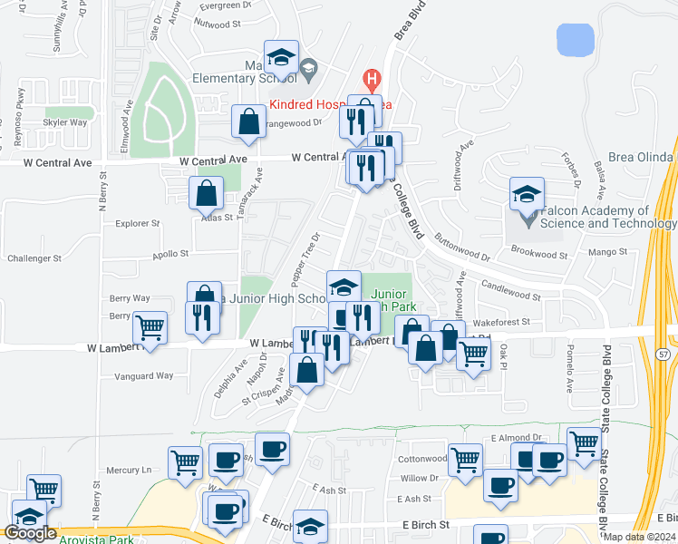 map of restaurants, bars, coffee shops, grocery stores, and more near 605 North Brea Boulevard in Brea