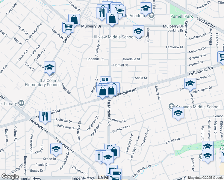 map of restaurants, bars, coffee shops, grocery stores, and more near 15040 Leffingwell Road in La Mirada