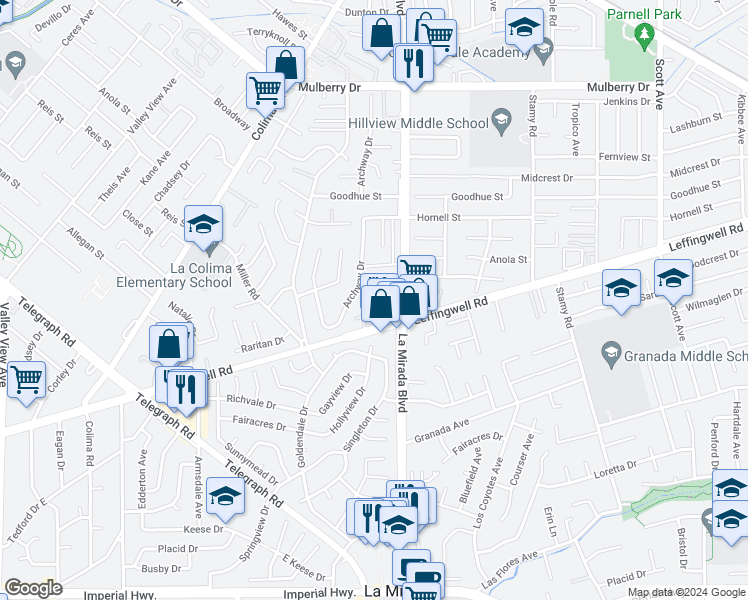 map of restaurants, bars, coffee shops, grocery stores, and more near 14939 Leffingwell Road in Whittier
