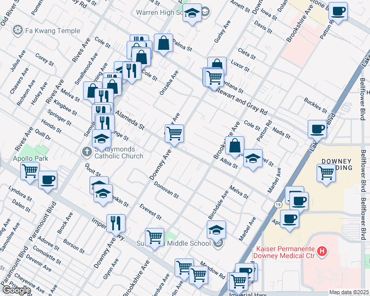 map of restaurants, bars, coffee shops, grocery stores, and more near 12221 Glynn Avenue in Downey