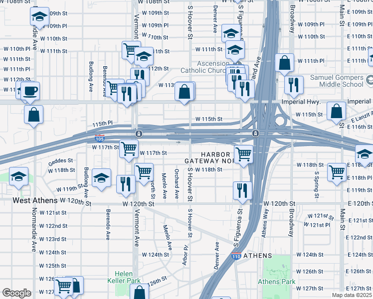 map of restaurants, bars, coffee shops, grocery stores, and more near 656 West 117th Street in Los Angeles