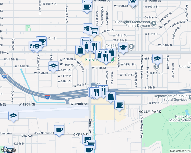 map of restaurants, bars, coffee shops, grocery stores, and more near 11726 South Crenshaw Bl in Inglewood