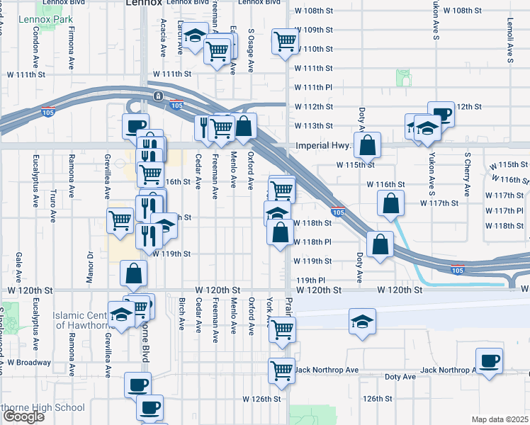 map of restaurants, bars, coffee shops, grocery stores, and more near 11818 Oxford Avenue in Hawthorne