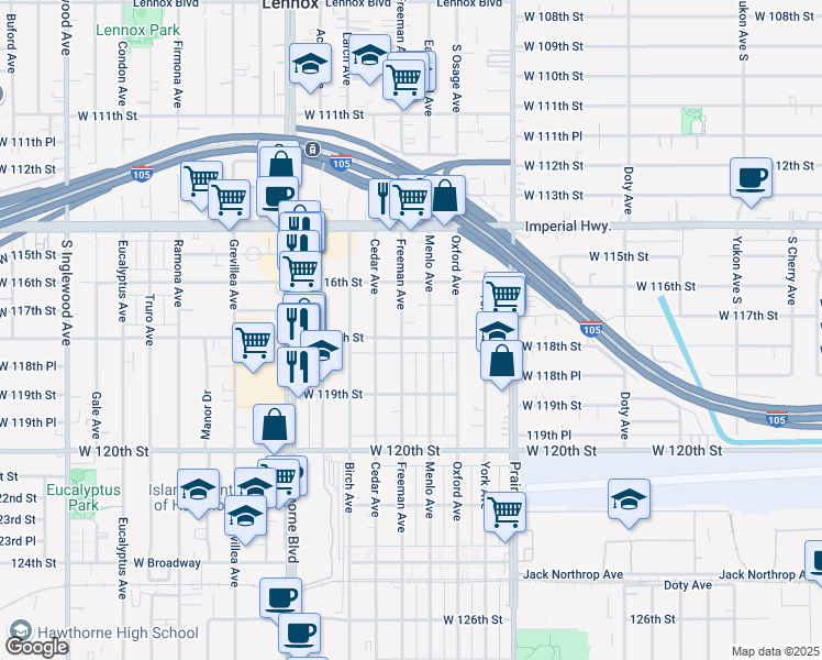 map of restaurants, bars, coffee shops, grocery stores, and more near 4204 West 118th Street in Hawthorne