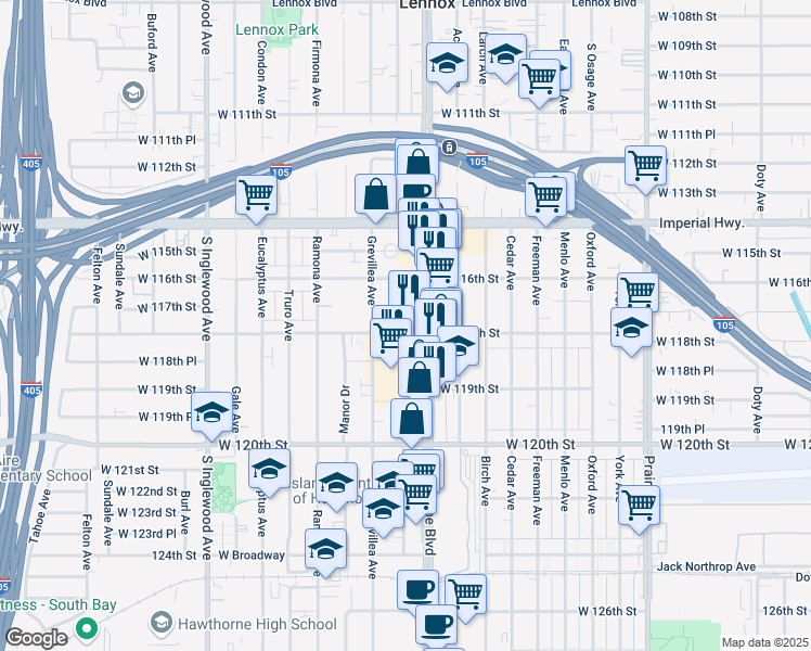 map of restaurants, bars, coffee shops, grocery stores, and more near 11836 Hawthorne Boulevard in Hawthorne
