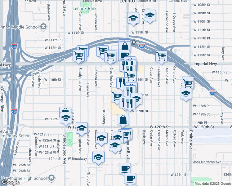 map of restaurants, bars, coffee shops, grocery stores, and more near 11811 Hawthorne Boulevard in Hawthorne