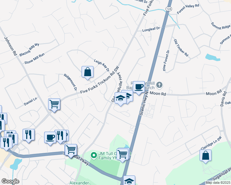 map of restaurants, bars, coffee shops, grocery stores, and more near 1022 Pecan Grove Place in Lawrenceville